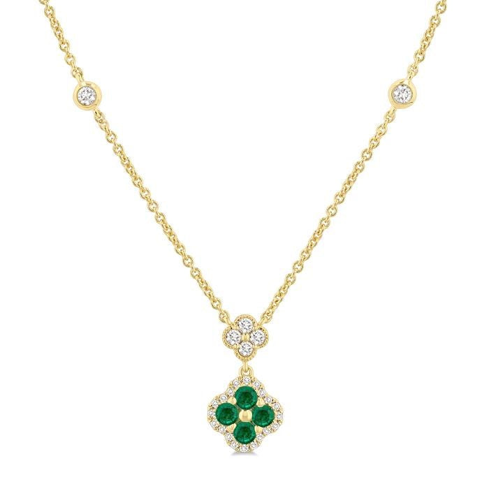 2.4 MM Round Shape Emerald and 1/4 Ctw Clover Round Cut Diamond Station Necklace in 14K Yellow Gold