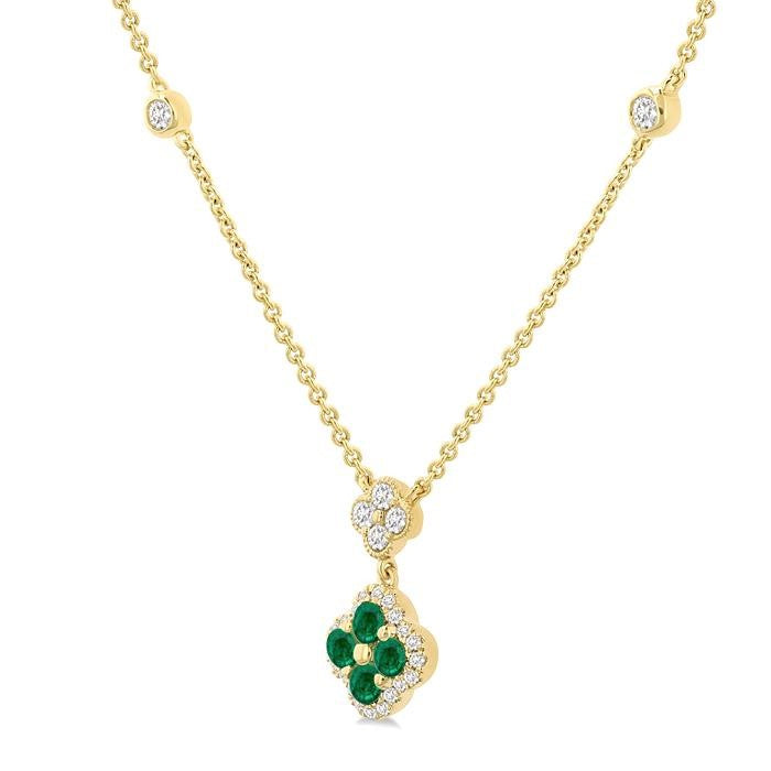2.4 MM Round Shape Emerald and 1/4 Ctw Clover Round Cut Diamond Station Necklace in 14K Yellow Gold