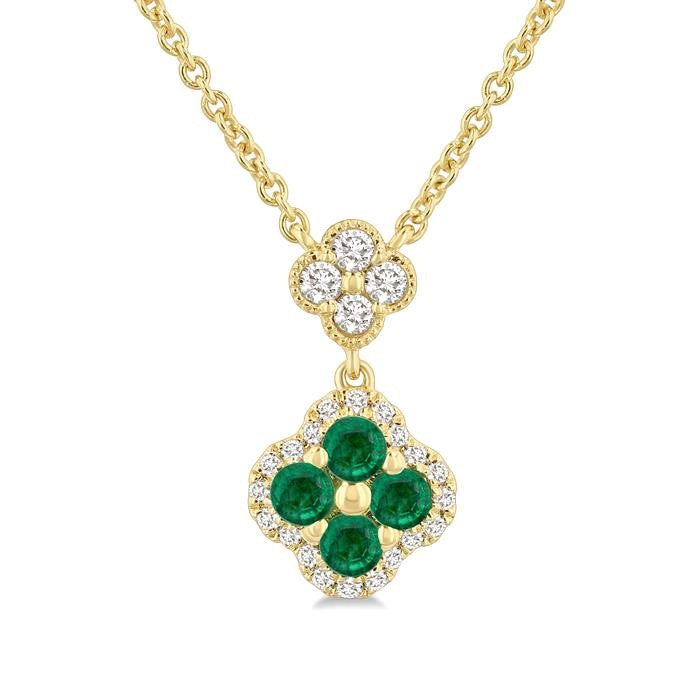 2.4 MM Round Shape Emerald and 1/4 Ctw Clover Round Cut Diamond Station Necklace in 14K Yellow Gold