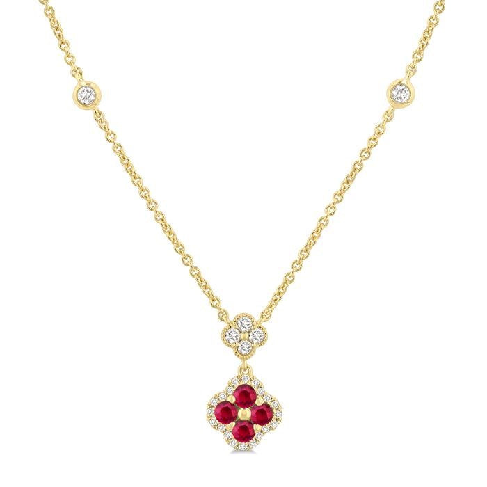 2.4 MM Round Shape Ruby and 1/4 Ctw Clover Round Cut Diamond Station Necklace in 14K Yellow Gold