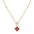 2.4 MM Round Shape Ruby and 1/4 Ctw Clover Round Cut Diamond Station Necklace in 14K Yellow Gold