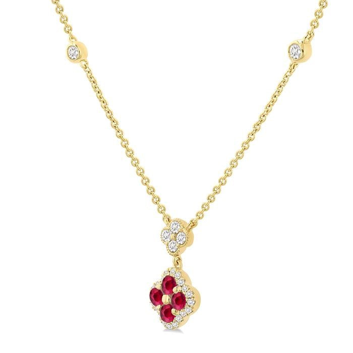 2.4 MM Round Shape Ruby and 1/4 Ctw Clover Round Cut Diamond Station Necklace in 14K Yellow Gold