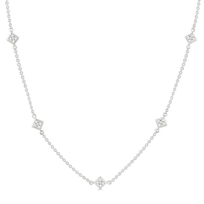1 1/2 Ctw Princess Cut Diamond Station Necklace in 14K White Gold