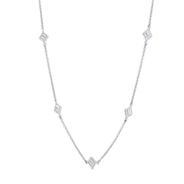 1 1/2 Ctw Princess Cut Diamond Station Necklace in 14K White Gold
