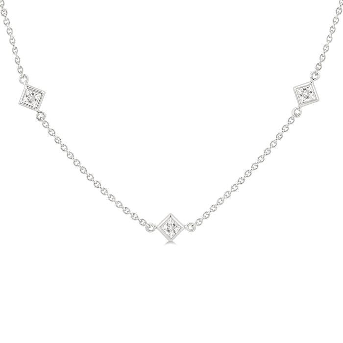 1 1/2 Ctw Princess Cut Diamond Station Necklace in 14K White Gold