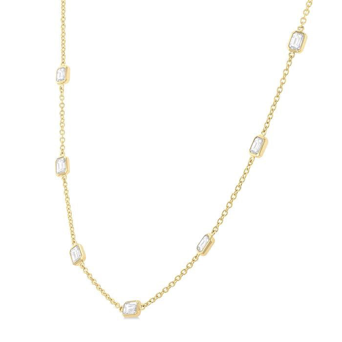 Beryl Emerald Shape Diamond Station Necklace