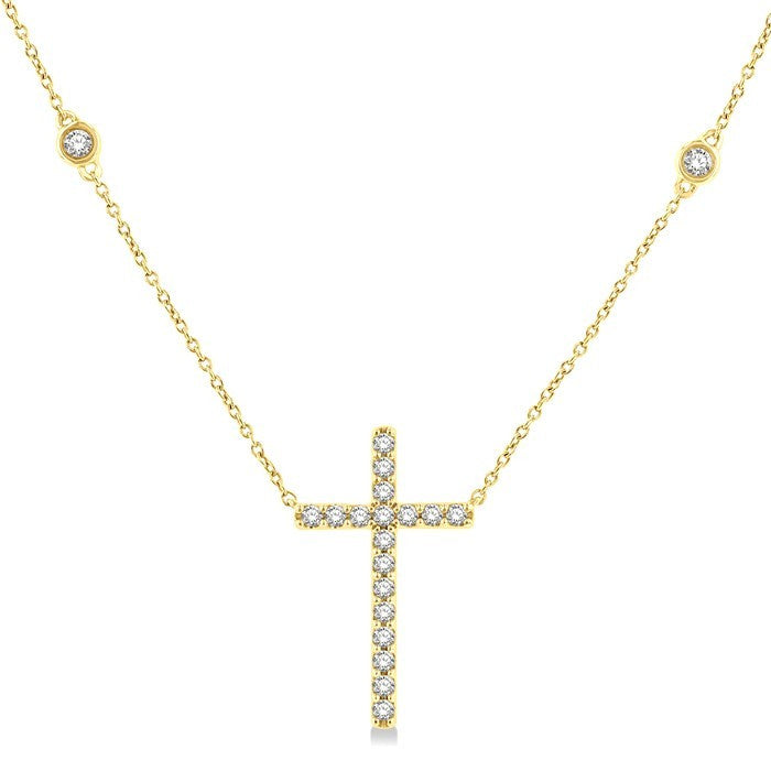 1/2 Ctw Round Cut Diamond Cross Fashion Station Necklace in 10K Yellow Gold