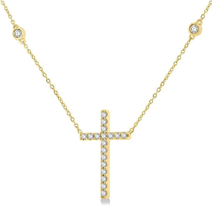 1/2 Ctw Round Cut Diamond Cross Fashion Station Necklace in 10K Yellow Gold