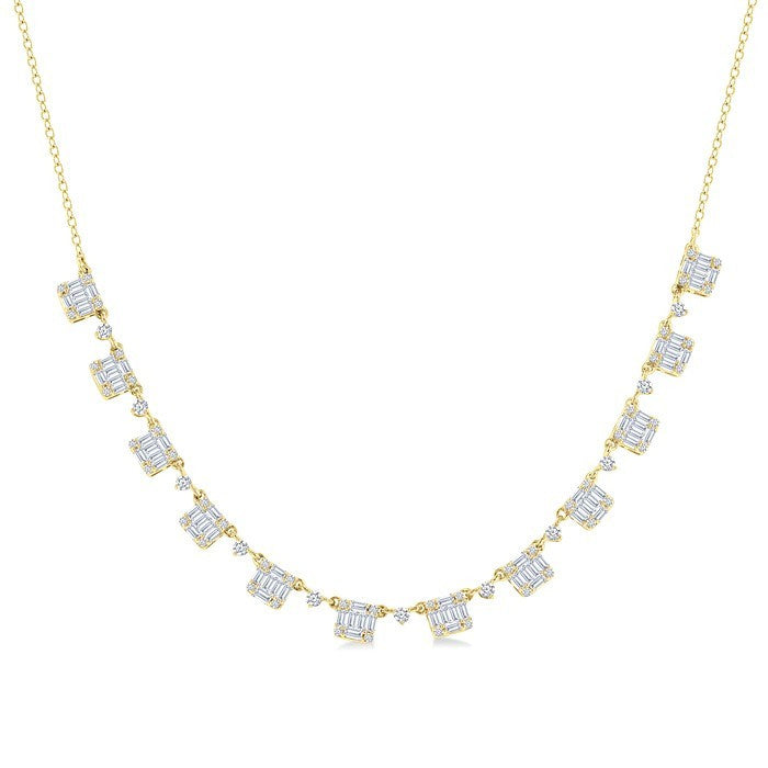 1 1/2 Ctw Fusion Baguette and Round Cut Diamond Halfway Necklace in 14K Yellow Gold