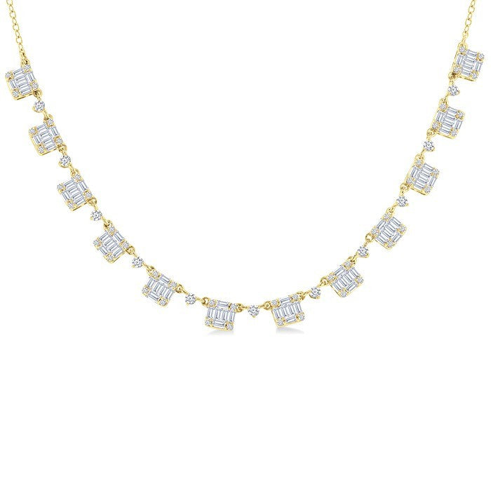 1 1/2 Ctw Fusion Baguette and Round Cut Diamond Halfway Necklace in 14K Yellow Gold