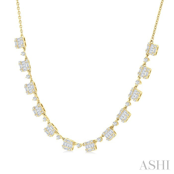 1 1/2 Ctw Fusion Baguette and Round Cut Diamond Halfway Necklace in 14K Yellow Gold