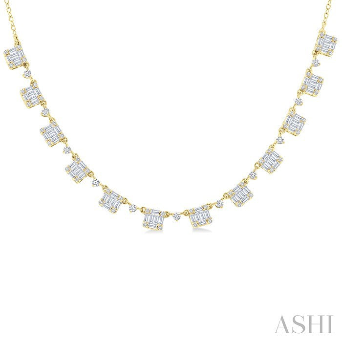 1 1/2 Ctw Fusion Baguette and Round Cut Diamond Halfway Necklace in 14K Yellow Gold