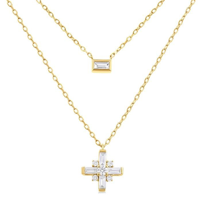 1/3 Ctw Baguette and Round Cut Diamond Layered Necklace in 14K Yellow Gold