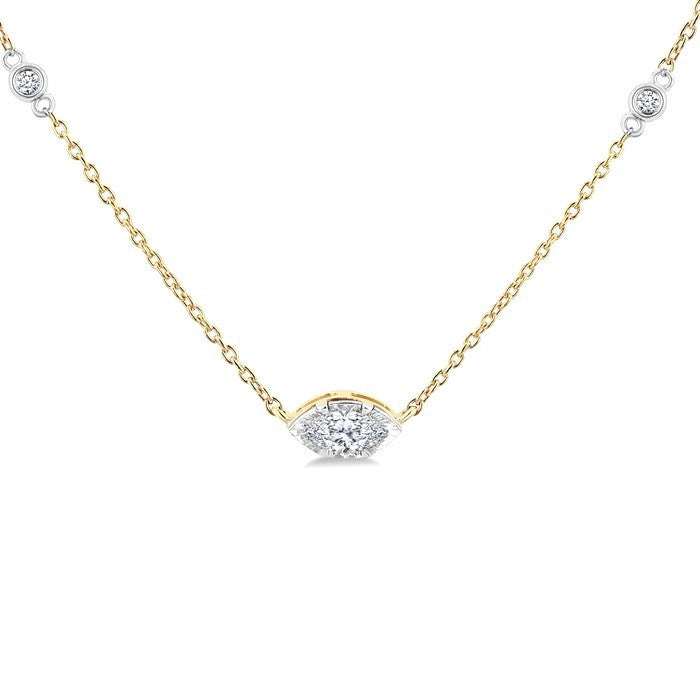 1/4 Ctw Marquise and Bezel Set Round Cut Diamond Station Necklace in 14K Yellow and White Gold