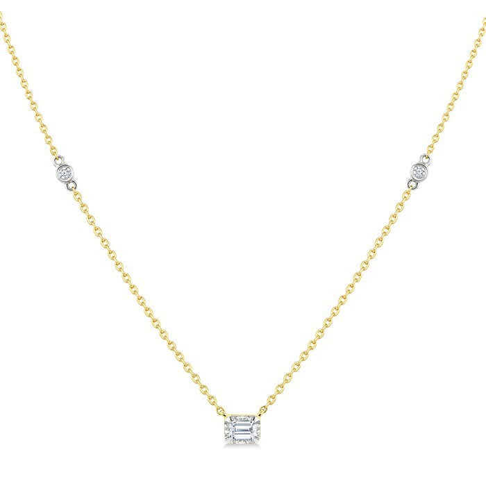 1/4 Ctw Bezel Set Emerald and Round Cut Diamond Station Necklace in 14K Yellow and White Gold