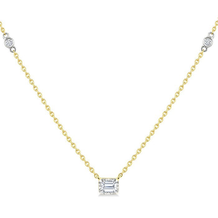 1/4 Ctw Bezel Set Emerald and Round Cut Diamond Station Necklace in 14K Yellow and White Gold