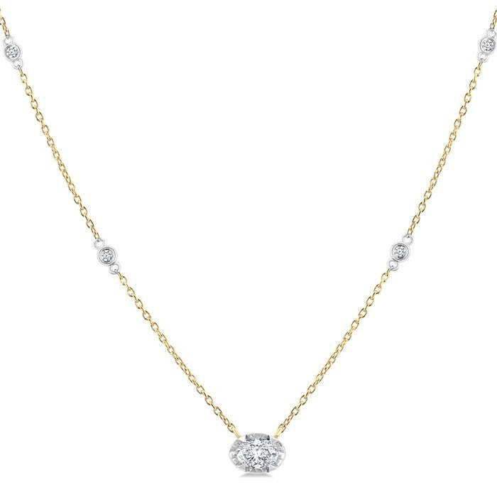 1/4 Ctw Oval and Bezel Set Round Cut Diamond Station Necklace in 14K Yellow and White Gold