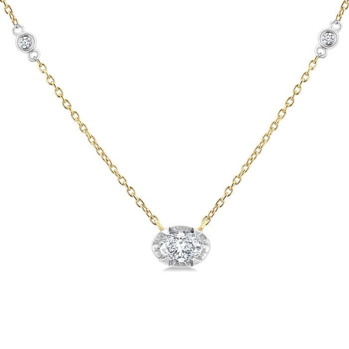 1/4 Ctw Oval and Bezel Set Round Cut Diamond Station Necklace in 14K Yellow and White Gold