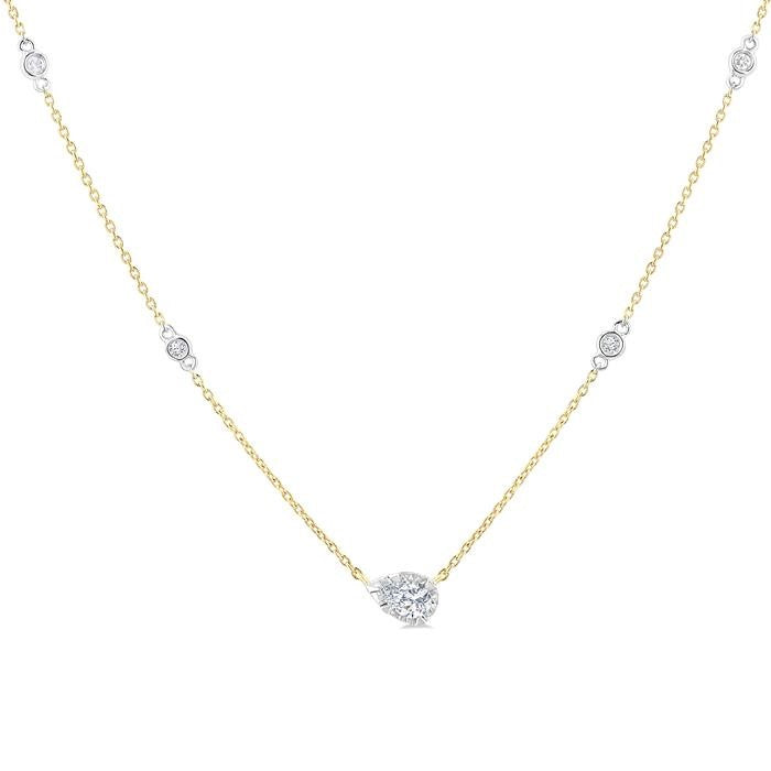 1/4 Ctw Bezel Set Pear and Round Cut Diamond Station Necklace in 14K Yellow and White Gold