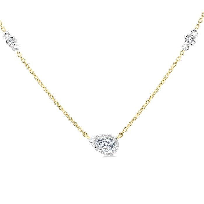 1/4 Ctw Bezel Set Pear and Round Cut Diamond Station Necklace in 14K Yellow and White Gold