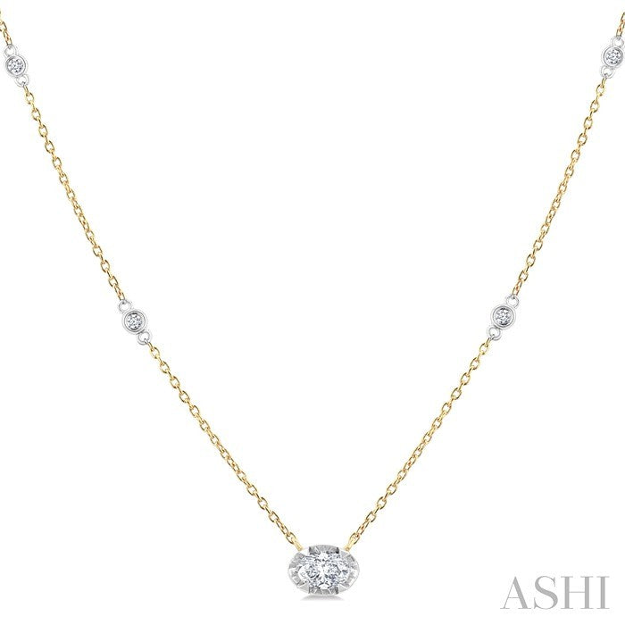 1/4 Ctw Oval and Bezel Set Round Cut Diamond Station Necklace in 14K Yellow and White Gold