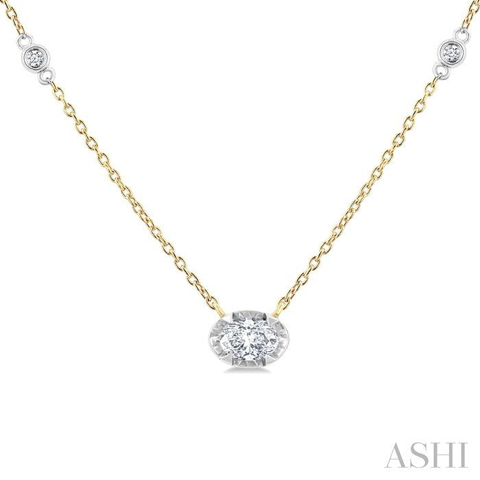 1/4 Ctw Oval and Bezel Set Round Cut Diamond Station Necklace in 14K Yellow and White Gold