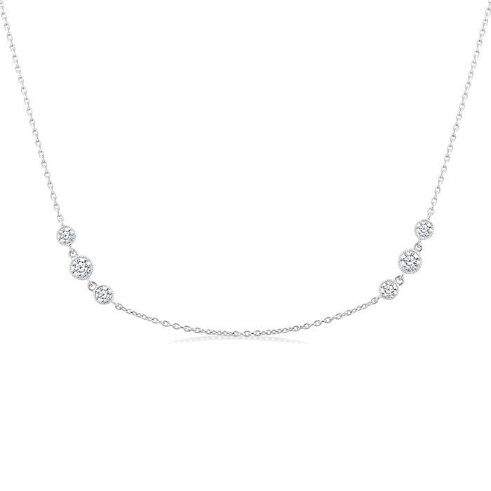 1 Ctw Three Stone Bezel Set Round Cut Diamond Station Necklace in 14K White Gold