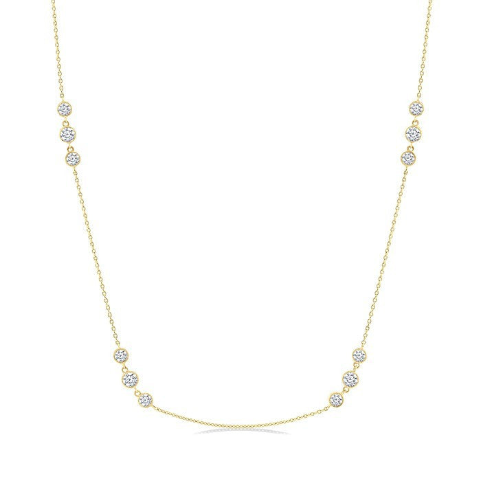 1 1/2 Ctw Three Stone Bezel Set Round Cut Diamond Station Necklace in 14K Yellow Gold