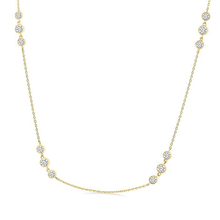1 1/2 Ctw Three Stone Bezel Set Round Cut Diamond Station Necklace in 14K Yellow Gold