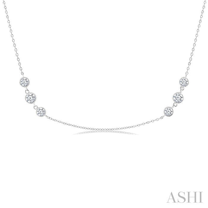 1 1/2 Ctw Three Stone Bezel Set Round Cut Diamond Station Necklace in 14K White Gold