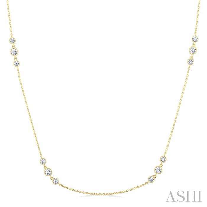 1 Ctw Three Stone Bezel Set Round Cut Diamond Station Necklace in 14K Yellow Gold