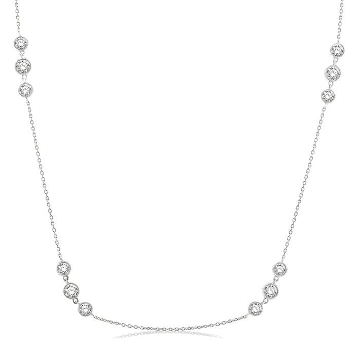 2 Ctw Three Stone Bezel Set Round Cut Diamond Station Necklace in 14K White Gold