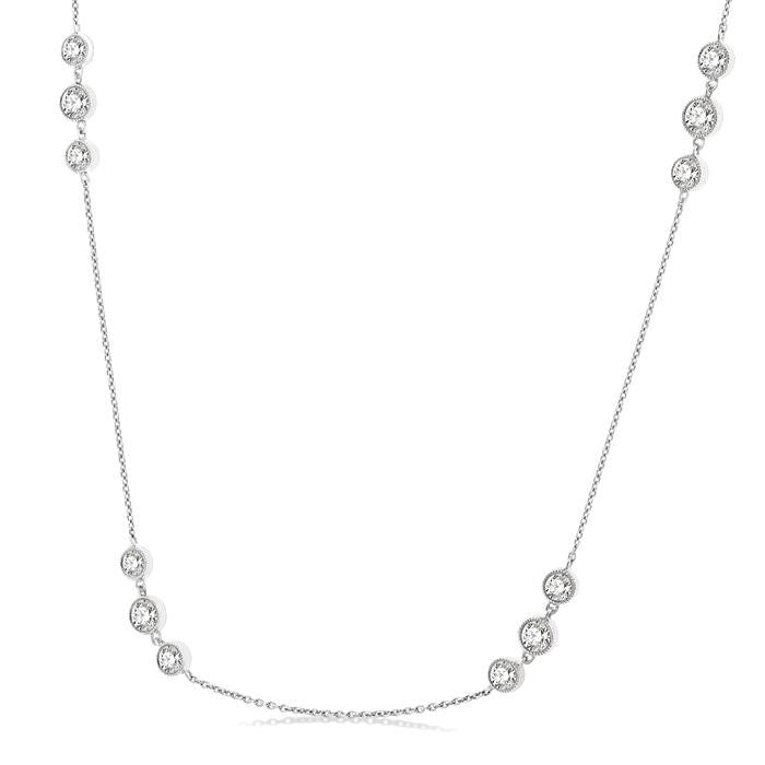 2 Ctw Three Stone Bezel Set Round Cut Diamond Station Necklace in 14K White Gold