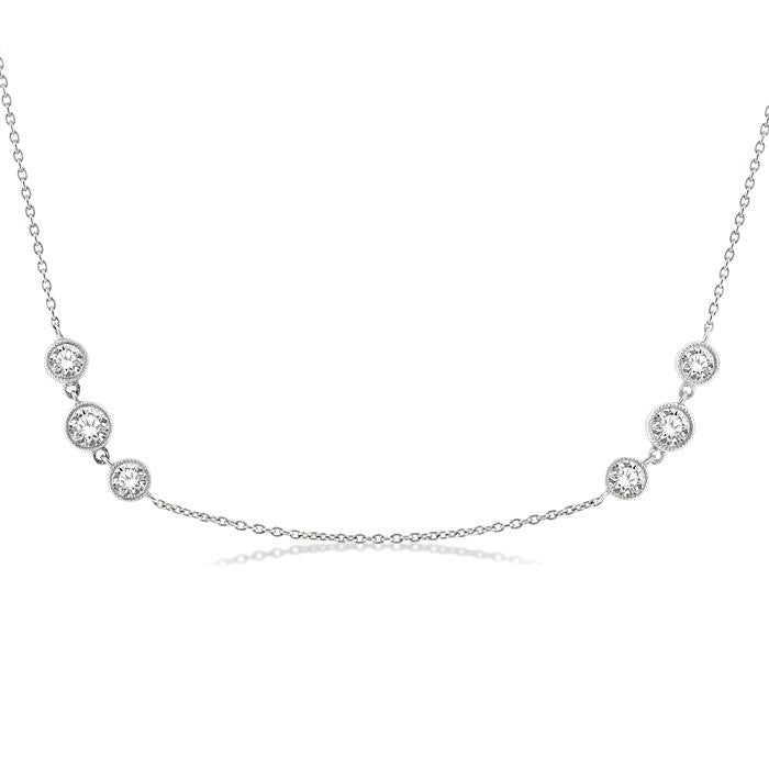 2 Ctw Three Stone Bezel Set Round Cut Diamond Station Necklace in 14K White Gold