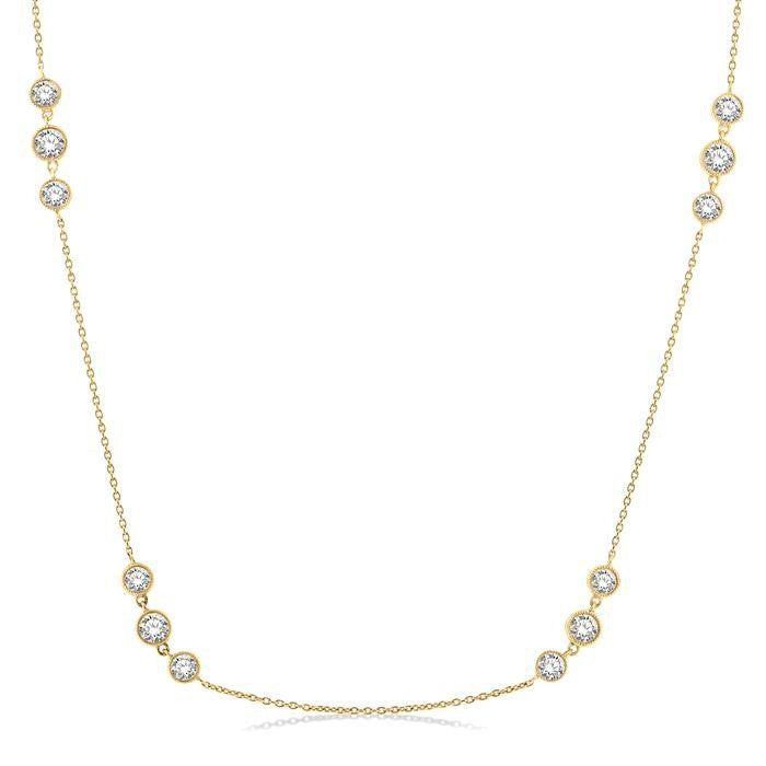 2 Ctw Three Stone Bezel Set Round Cut Diamond Station Necklace in 14K Yellow Gold