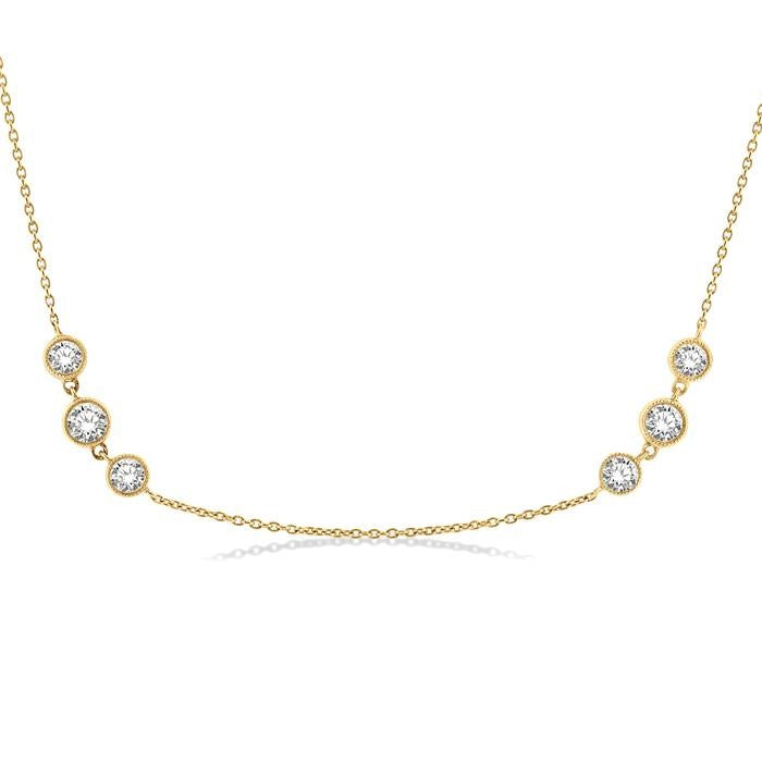 2 Ctw Three Stone Bezel Set Round Cut Diamond Station Necklace in 14K Yellow Gold