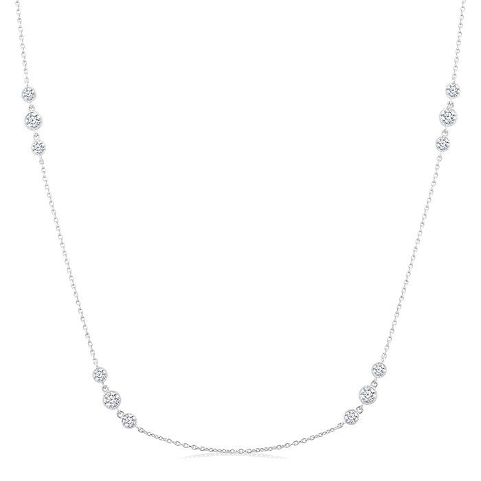 3/4 Ctw Three Stone Bezel Set Round Cut Diamond Station Necklace in 14K White Gold