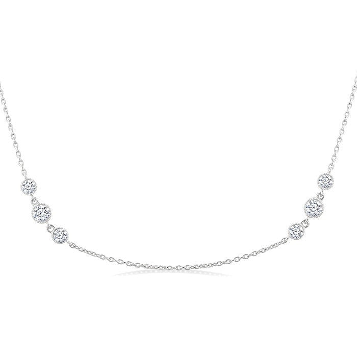 3/4 Ctw Three Stone Bezel Set Round Cut Diamond Station Necklace in 14K White Gold