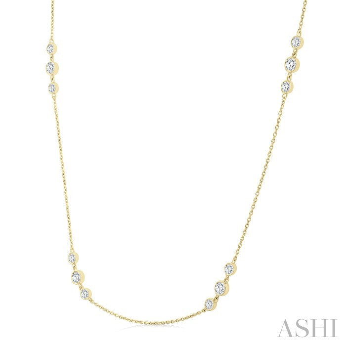 3/4 Ctw Three Stone Bezel Set Round Cut Diamond Station Necklace in 14K Yellow Gold