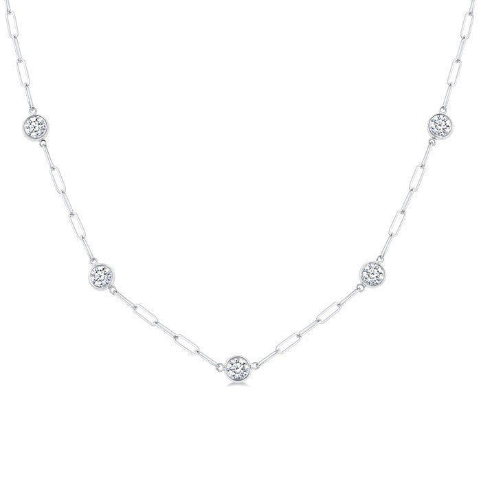 1 1/2 Ctw Bezel Set Round Cut Diamond Paperclip Station Necklace in 14K White Gold