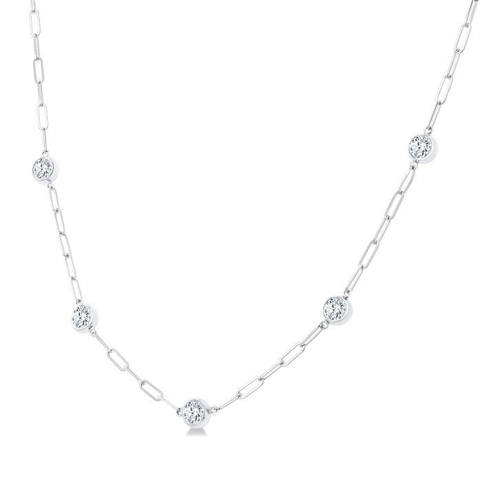 1 1/2 Ctw Bezel Set Round Cut Diamond Paperclip Station Necklace in 14K White Gold