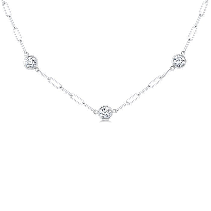 1 1/2 Ctw Bezel Set Round Cut Diamond Paperclip Station Necklace in 14K White Gold