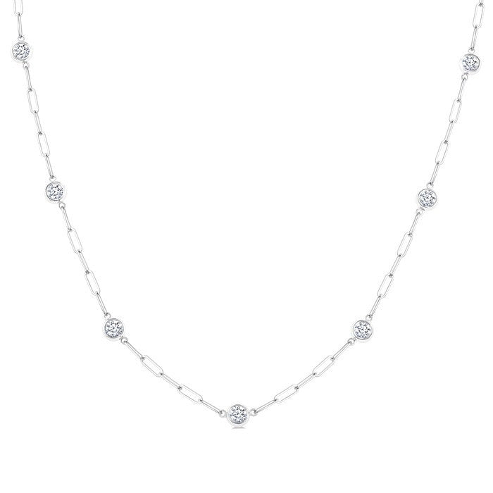 1 Ctw Bezel Set Round Cut Diamond Paperclip Station Necklace in 14K White Gold