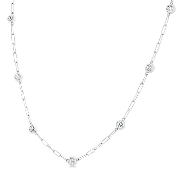 1 Ctw Bezel Set Round Cut Diamond Paperclip Station Necklace in 14K White Gold