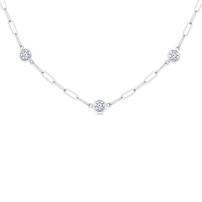 1 Ctw Bezel Set Round Cut Diamond Paperclip Station Necklace in 14K White Gold