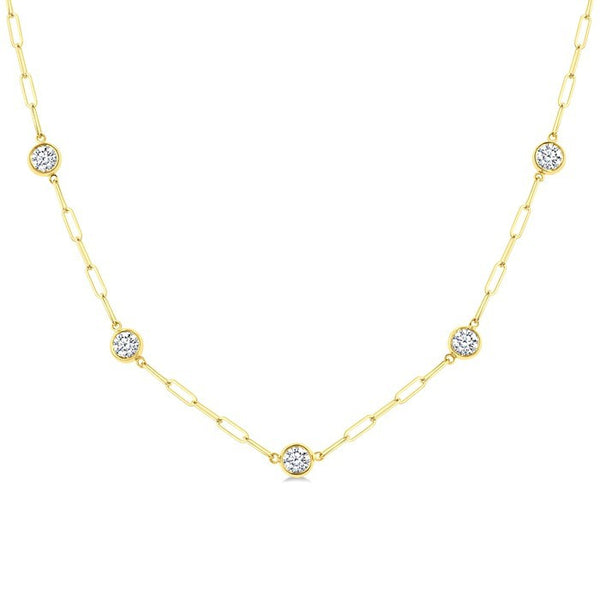 1 1/2 Ctw Bezel Set Round Cut Diamond Paperclip Station Necklace in 14K Yellow Gold