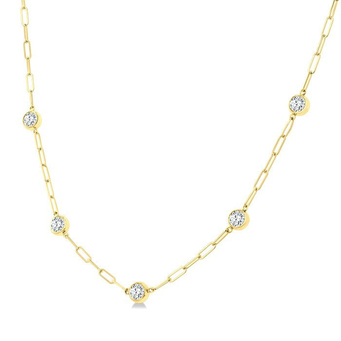 1 1/2 Ctw Bezel Set Round Cut Diamond Paperclip Station Necklace in 14K Yellow Gold