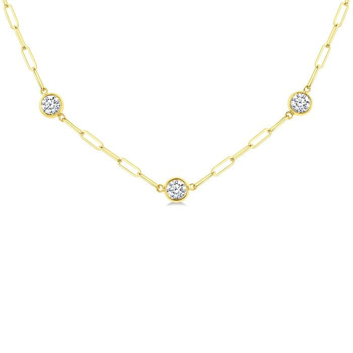 1 1/2 Ctw Bezel Set Round Cut Diamond Paperclip Station Necklace in 14K Yellow Gold