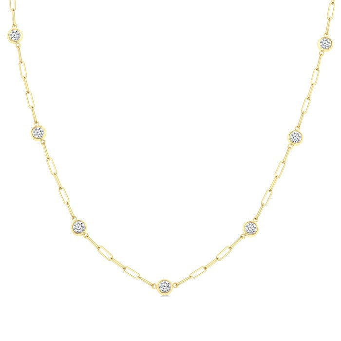 1 Ctw Bezel Set Round Cut Diamond Paperclip Station Necklace in 14K Yellow Gold
