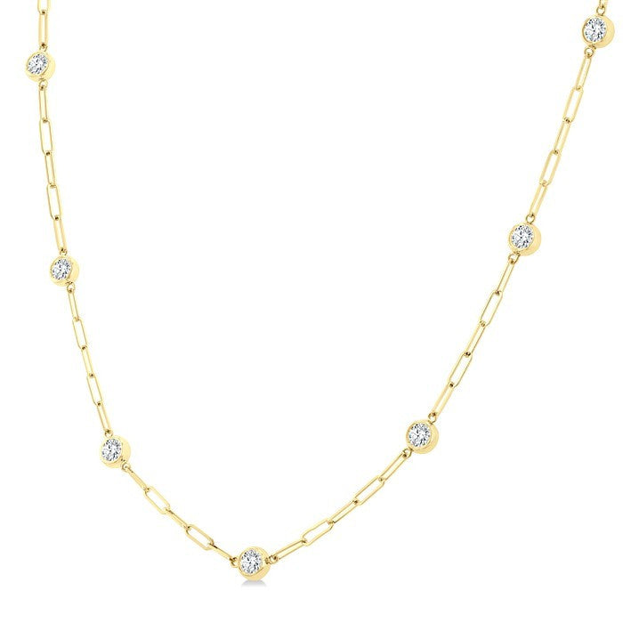 1 Ctw Bezel Set Round Cut Diamond Paperclip Station Necklace in 14K Yellow Gold